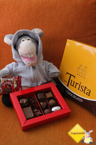 Jegueton rodeado dos chocolates que trouxemos de Bariloche, Argentina. Imagem: Erik Pzado.