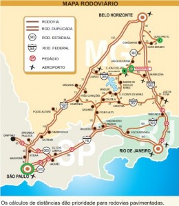 Mapa São Paulo - Minas Gerais. Fonte: http://www.tiradentesgerais.com.br/maparodoviario.pdf